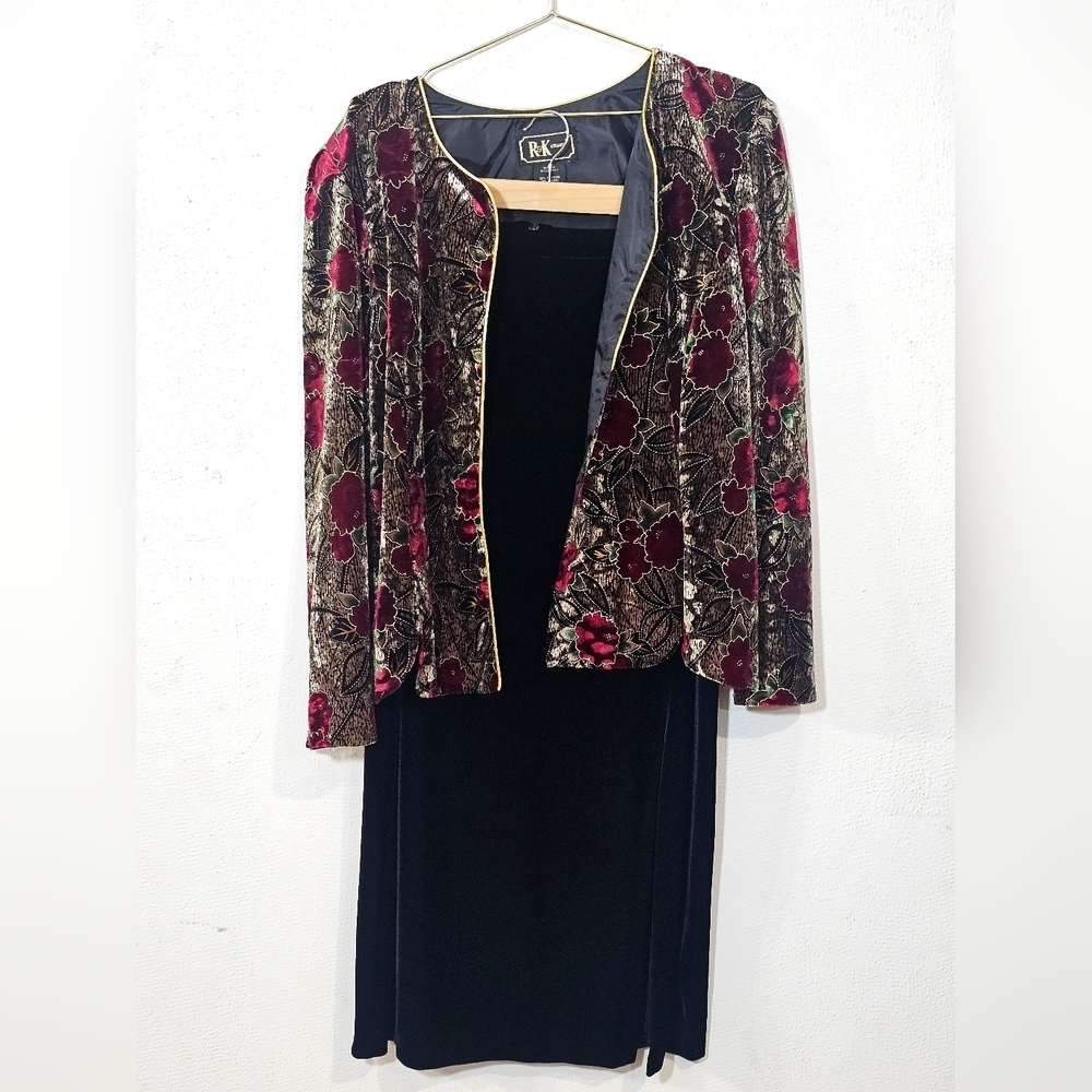 R&K Red and Black Floral Blazer And Skirt Velvet Boho Whinisigoth Vintage